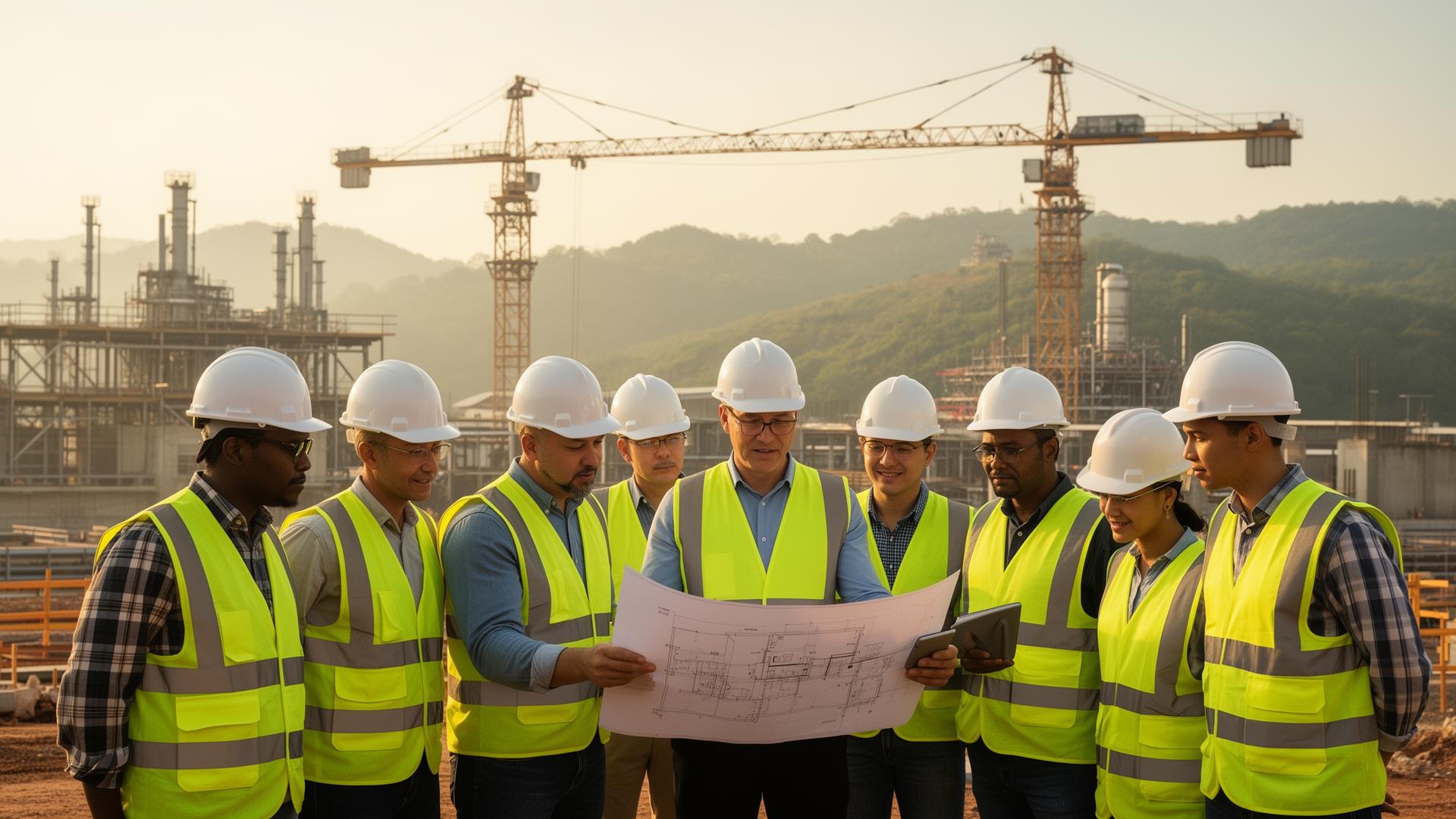 Engineers and planners reviewing master plan drawings on site