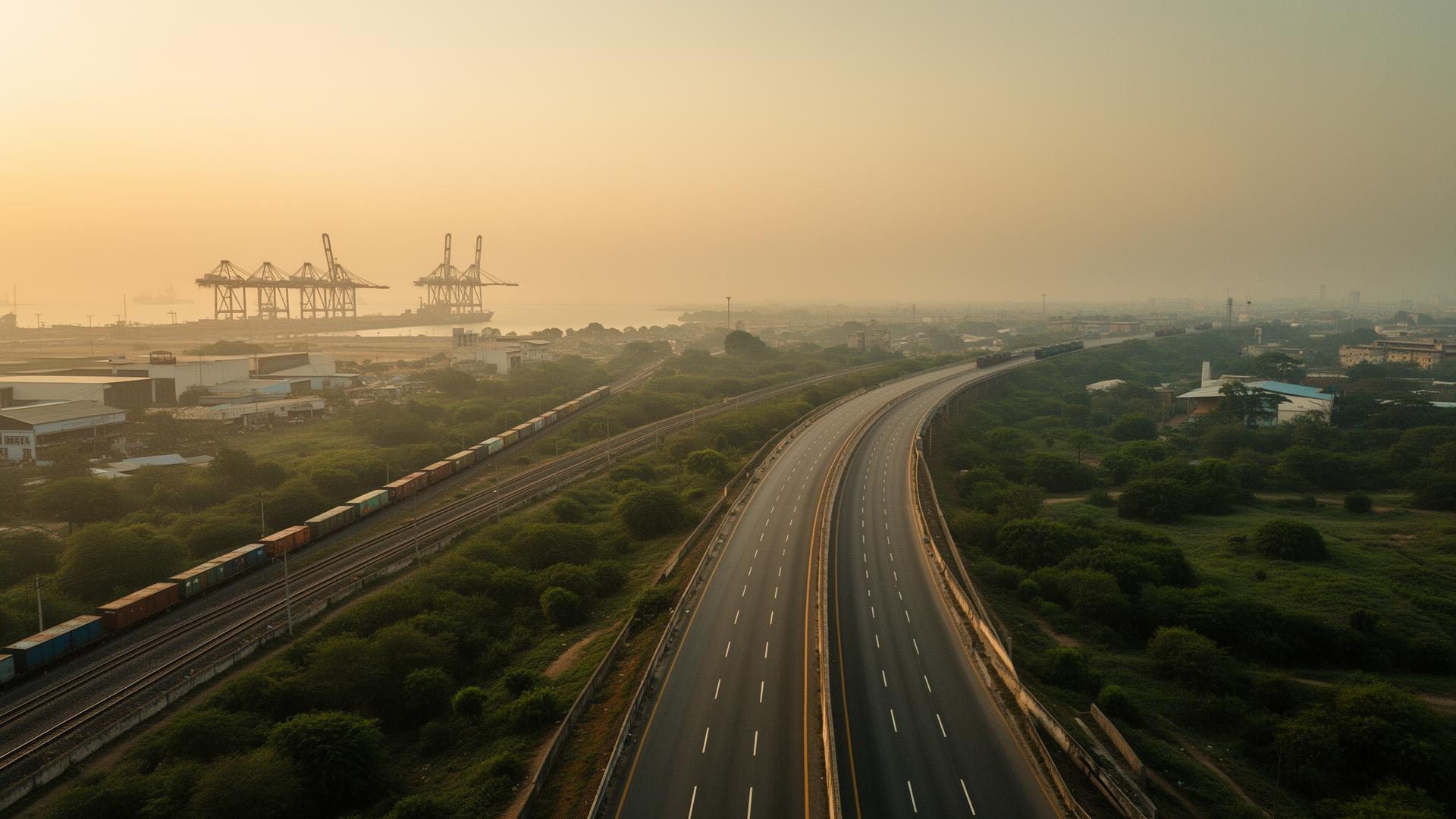 Expressway, rail line and port cranes at golden hour near MILéS City